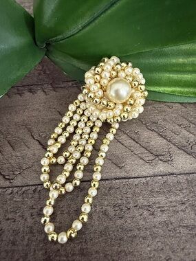 Gold Bead and Faux Pearl Cascade Brooch - Elegant Womens Jewelry